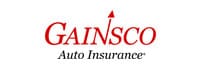 A red and white logo for gainsco auto insurance.